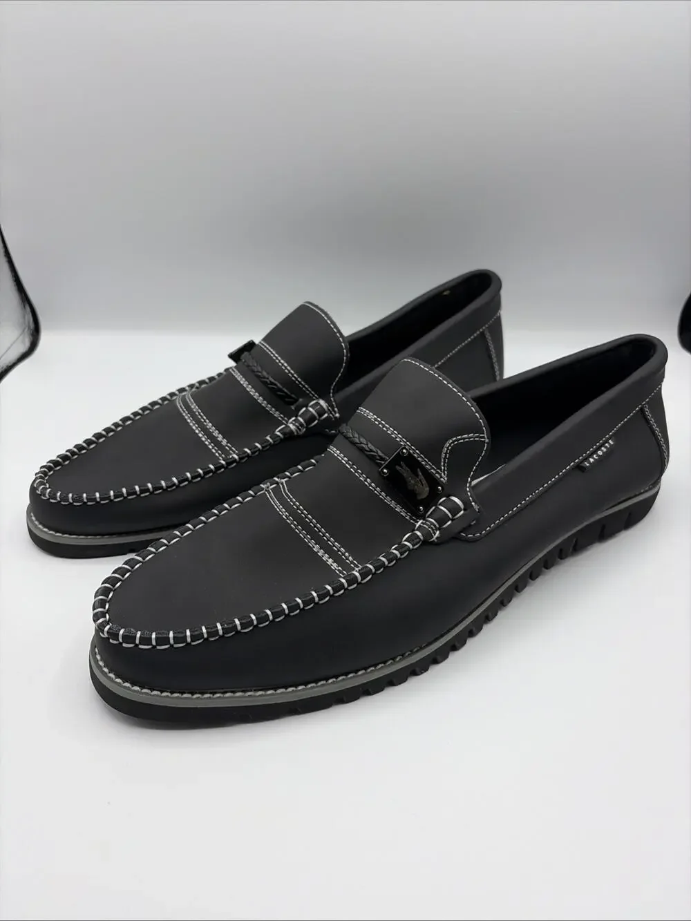 Lacoste Made in Italy Mens Black Leather Loafers Moc Toe Shoes EU 46 US 12 NWOB
